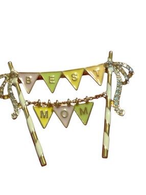Vintage BEST MOM Pennant Banner Brooch Gold Tone Enamel Mother Pin